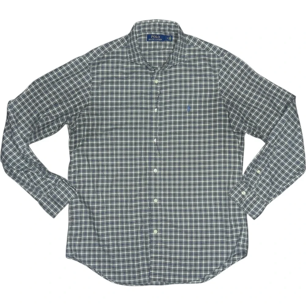 Polo Ralph Lauren Long Sleeve Button Up Cotton Men's Med Green‎ Plaid Blue Pony